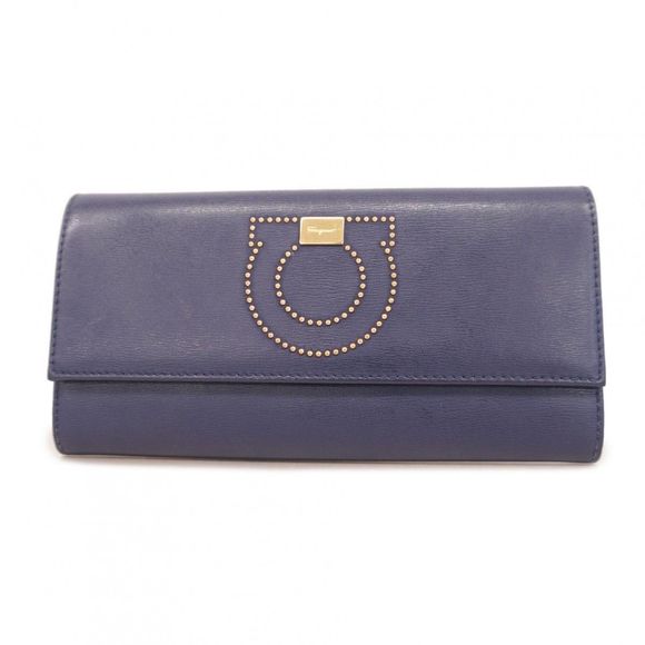 Salvatore Ferragamo Gancini Leather Long Wallet in Navy with Gold Hardware  Wome - Picture 1 of 10